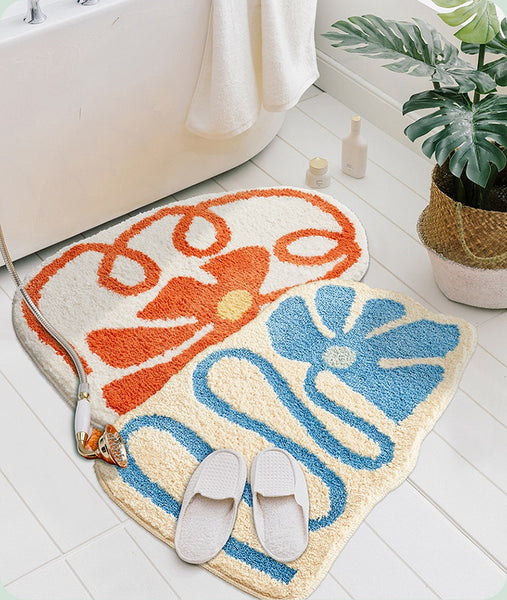 groovy fun flower floral bathroom rug bath mat area rug orange blue purple cotton bathroom decor fun