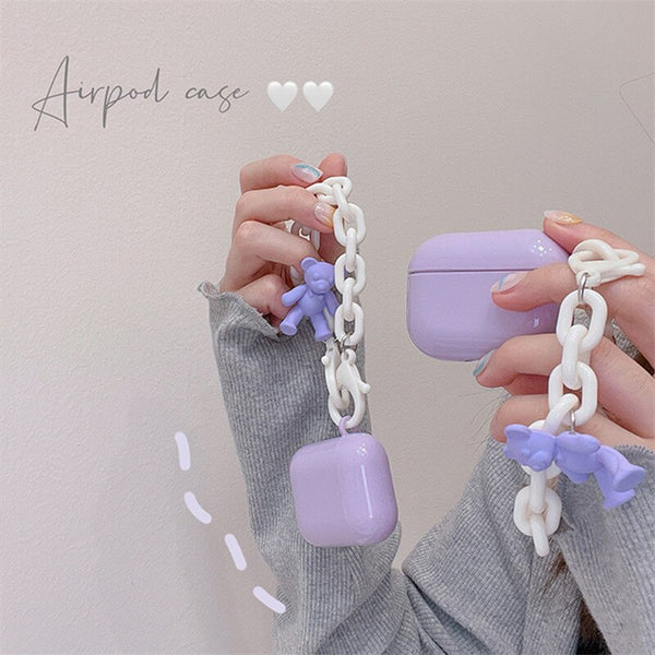 purple teddy bear chain strap apple airpod case