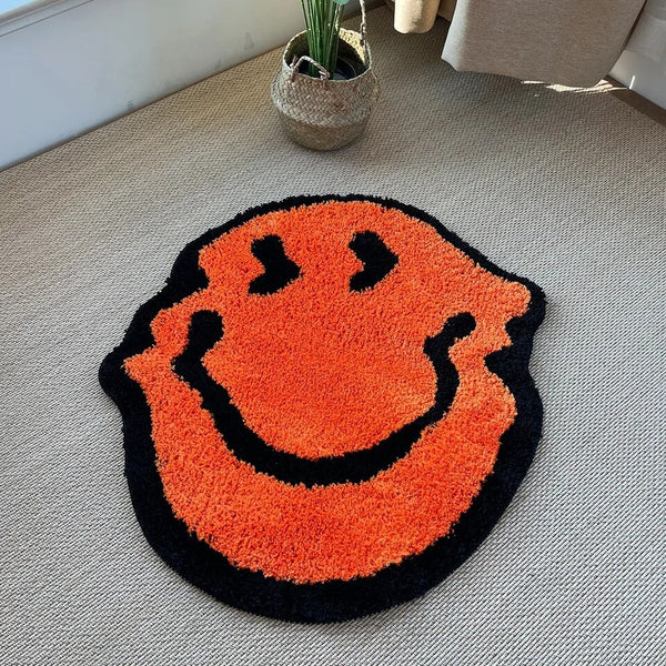 trippy holographic smiley emoji smiling face tufted rug area rug home decor maximalist fun homewares interior