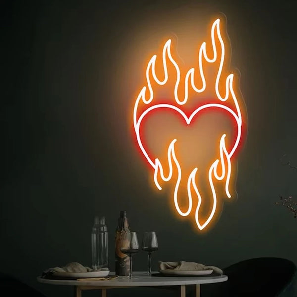 Burning flame red heart fire LED neon light sign wall decor lighting home decoration accessories homewares sign interior y2k