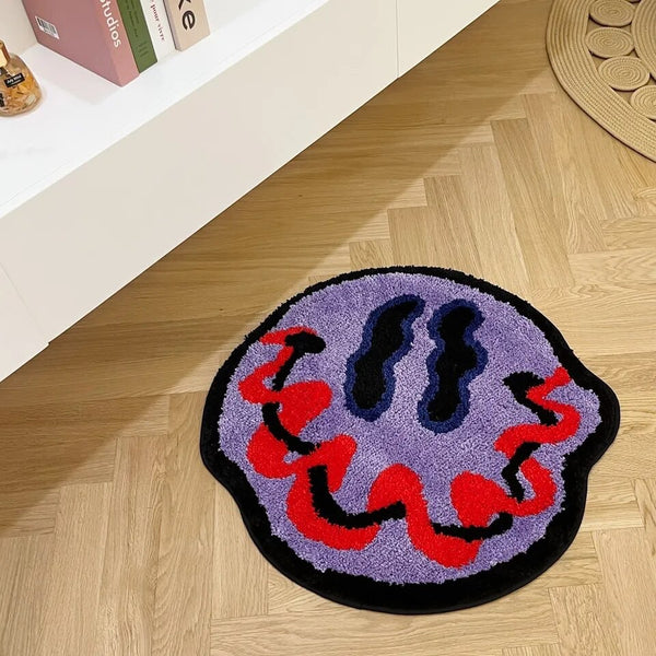 trippy holographic smiley emoji smiling face tufted rug area rug home decor maximalist fun homewares interior
