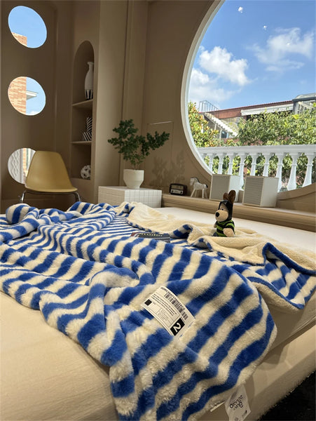 striped plush fleece blanket throw sofa bedding bedroom living room maximalist decor blue green pink cute colorful homewares