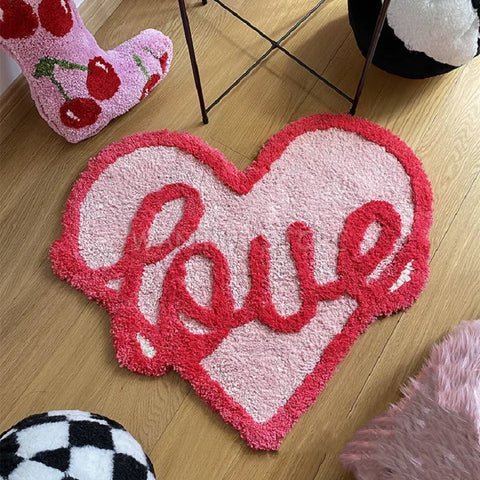 love heart shaped pink tufted rug bath mat bathmat home decor living room bedroom maximalist cute home decor soft area rug
