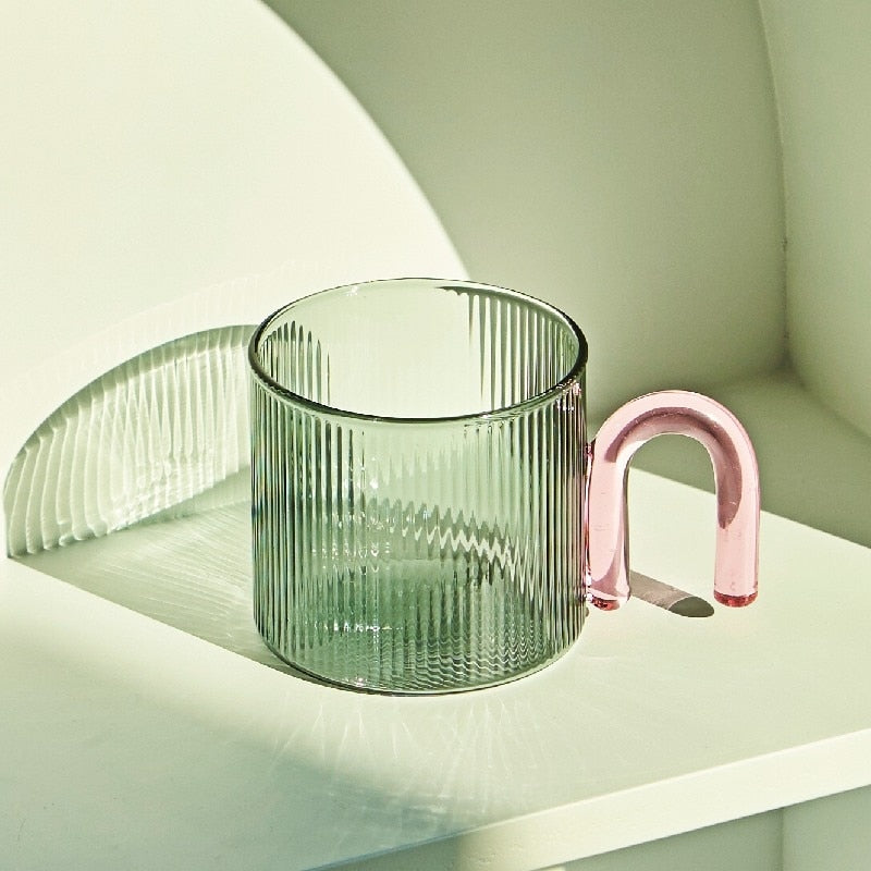 colorful colourful ripple glass mug cup tea and coffee with unique handle pastel kitchen accessories glass mug