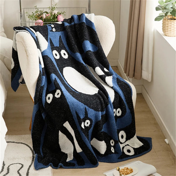 black cat knitted fluffy cozy blanket sofa throw bed cover duvet bedroom living room decor soft furnishings
