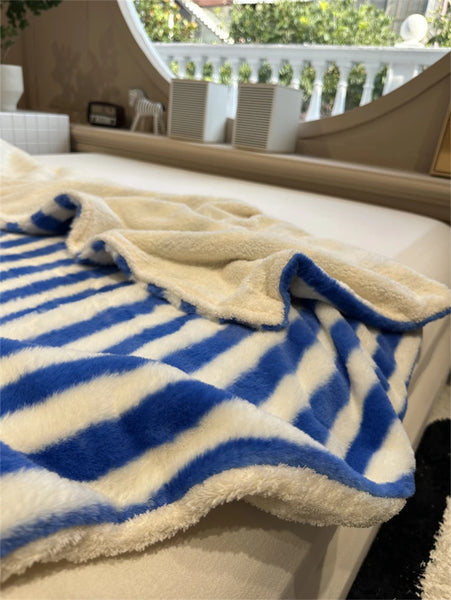 striped plush fleece blanket throw sofa bedding bedroom living room maximalist decor blue green pink cute colorful homewares