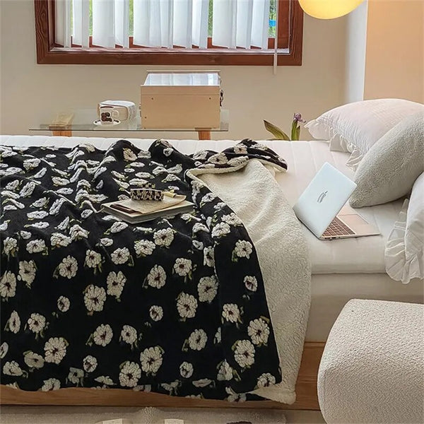 cherry and flowers floral print soft fleece blanket wool warm winter decor sofa throw duvet bedspread home decor interior colorful cute y2k|42403723411653