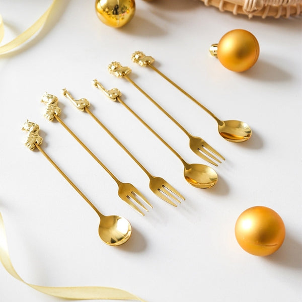 gold steinles steel cutlery set animal decorated tea spoon