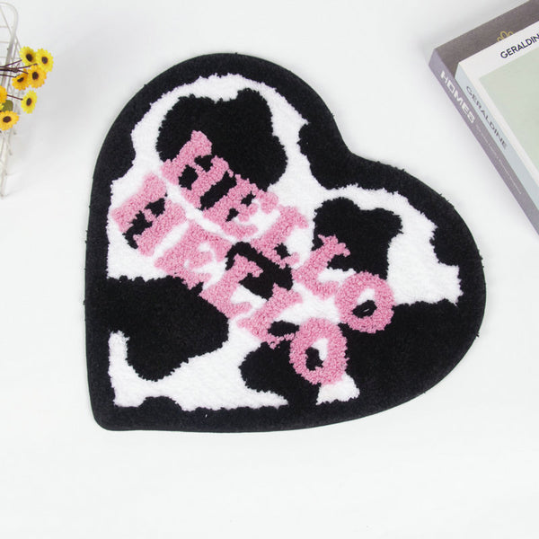heart shaped cow print hello hello area rug bath mat bathroom rug home decor homewares tufted soft rugs