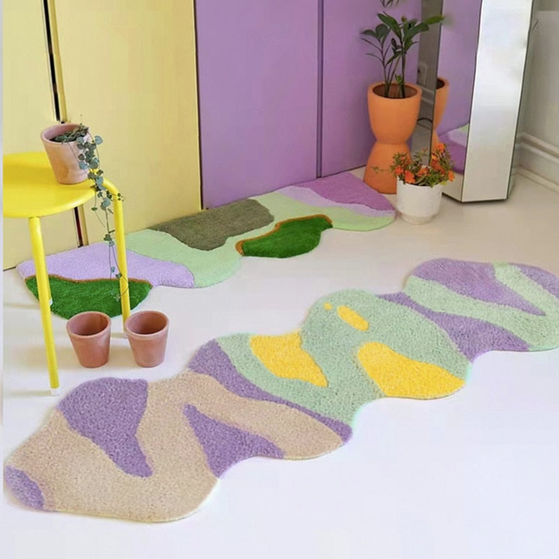 colorful camo print tufted wavy squiggle rug home decor fun homes interior maximalist geometric print 
