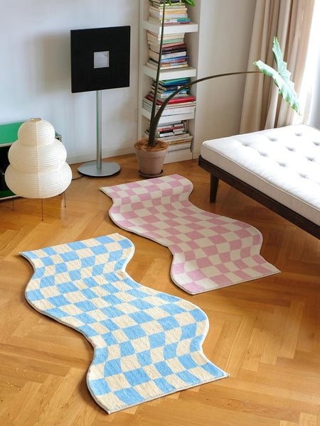 pastel color colour checkerboard checkers wavy irregular area rug mat home decor