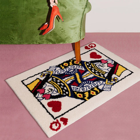 queen of hearts playing cards poker face tufted area rug cute maximalist home decor 