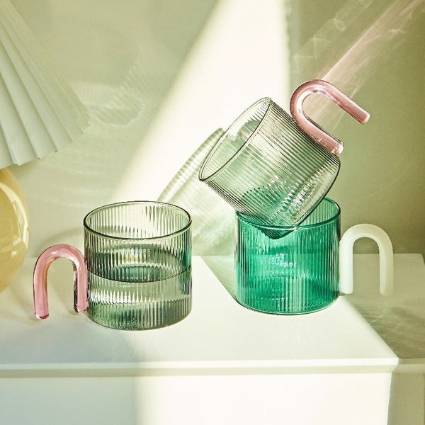 colorful colourful ripple glass mug cup tea and coffee with unique handle pastel kitchen accessories glass mug