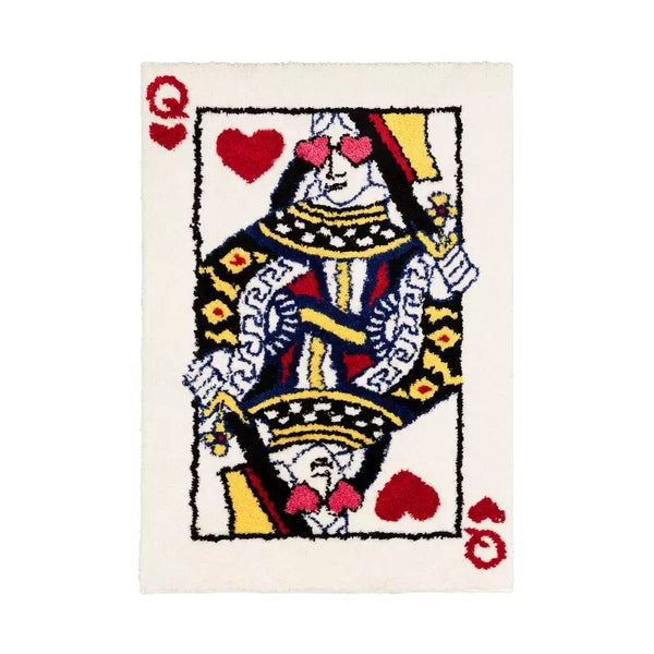 queen of hearts playing cards poker face tufted area rug cute maximalist home decor