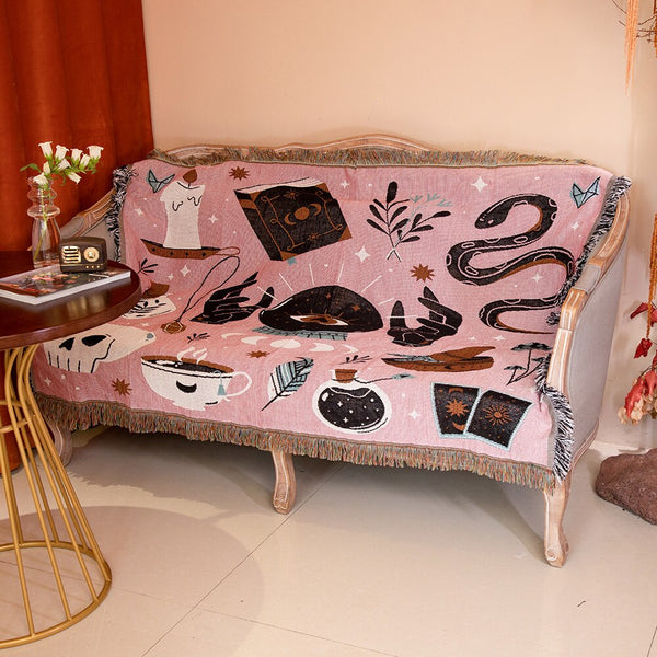 pink magic mystic mystical blanket moonchild skull tarot woven throw blanket living room sofa topping home decor