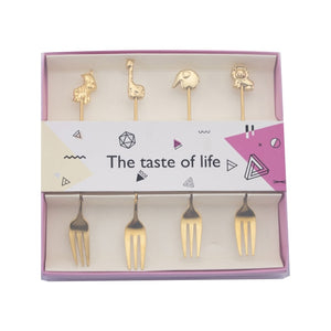 gold steinless steel dessert fork set of 4 cutlery animal decorated