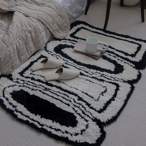 fluffy rug black and white geometric print modern decor